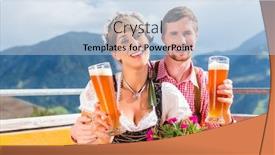  Presentation with hut - Presentation theme having couple on mountain hut drinking wheat beer in the background alpine scenery background and a light blue colored foreground