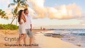  Presentation with romantic beach - PPT theme featuring couple-on-romantic-sunset-beach background and a coral colored foreground