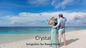 Presentation with romantic beach - Audience pleasing presentation theme consisting of couple on vacation walking on a tropical beach maldives man and woman romantic walk on the beach backdrop and a light gray colored foreground