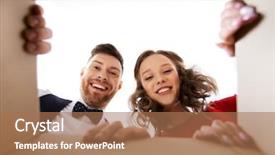  Presentation with happy holidays - Presentation theme featuring couple opening christmas gift box background and a coral colored foreground