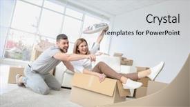  Presentation with young happy couple - PPT theme featuring couple packing and having fun background and a light gray colored foreground