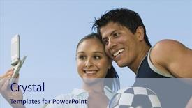  Presentation with cell - PPT theme enhanced with couple photographing themselves with cell background and a  colored foreground