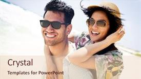  Presentation with soft colors - Slide deck with couple piggybacking at the beach background and a lemonade colored foreground