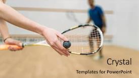  Presentation with club - Slide deck with couple play squash game background and a coral colored foreground