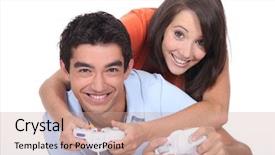  Presentation with video game - Presentation theme having couple playing video game background and a coral colored foreground