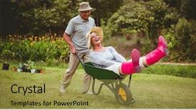  Presentation with active seniors senior couple - Slide set having couple playing with a wheelbarrow background and a gold colored foreground