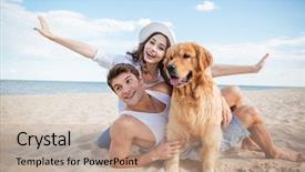  Presentation with young children playing multicultural - PPT theme with couple playing with their dog background and a coral colored foreground