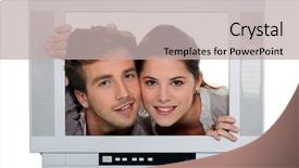  Presentation with television - Slide deck having couple posing in a television frame background and a mint green colored foreground