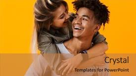  Presentation with happy image - Presentation design with couple posing isolated over yellow background and a coral colored foreground