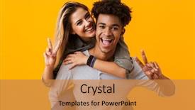  Presentation with young happy couple - Presentation theme featuring couple posing isolated over yellow background and a gold colored foreground