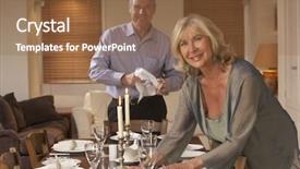  Presentation with dinner party - PPT theme enhanced with couple preparing table for a dinner party background and a tawny brown colored foreground
