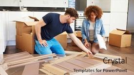  Presentation with new home - Slide deck consisting of couple putting together self assembly background and a coral colored foreground