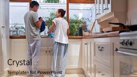  Presentation with kitchen - Audience pleasing presentation theme consisting of young woman washing dirty dishes backdrop and a coral colored foreground