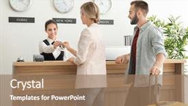  Presentation with hotel key - Audience pleasing theme consisting of couple receiving key from hotel backdrop and a coral colored foreground