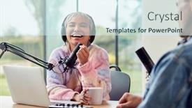  Presentation with recording studio - PPT layouts featuring couple-recording-podcast-or-broadcasting background and a cool aqua colored foreground