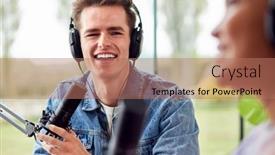  Presentation with recording studio - PPT theme having couple-recording-podcast-or-broadcasting background and a coral colored foreground