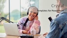  Presentation with recording studio - Presentation theme with couple-recording-podcast-or-broadcasting background and a light gray colored foreground