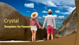  Presentation with beach rocks - Colorful presentation theme enhanced with couple relaxing among granite rocks on a tropical beach anse source d'argent at seychelles la digue backdrop and a tawny brown colored foreground