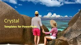  Presentation with beach rocks - Colorful presentation design enhanced with couple relaxing among granite rocks on a tropical beach anse source d'argent at seychelles la digue backdrop and a tawny brown colored foreground