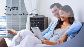  Presentation with computers - Slide set having couple relaxing at home with tablet computers reading in the living room on the sofa couch background and a light blue colored foreground