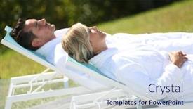  Presentation with luxury hotel - Presentation having couple relaxing by luxury hotel swimming-pool background and a sky blue colored foreground