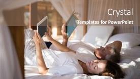  Presentation with good morning couple bed - Presentation theme featuring couple-relaxing-on-canopy-bed background and a coral colored foreground