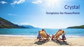  Presentation with summer at the beach - Audience pleasing slide set consisting of couple relaxing on the beach backdrop and a sky blue colored foreground