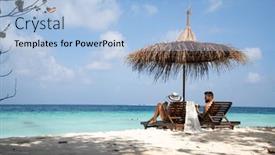  Presentation with chairs - Presentation theme featuring couple-relaxing-on-tropical-beach background and a light blue colored foreground