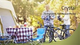  Presentation with camping - PPT theme featuring couple riding bikes on camping background and a yellow colored foreground