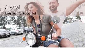  Presentation with motor - Beautiful PPT theme featuring couple riding motor scooter in old city street backdrop and a coral colored foreground