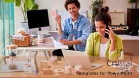  Presentation with mobile home - PPT theme enhanced with couple-running-online-business-making background and a coral colored foreground