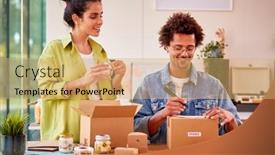  Presentation with running - PPT theme enhanced with couple-running-online-business background and a yellow colored foreground