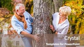  Presentation with hide - Beautiful slide set featuring couple senior man and woman flirting with each other playing hide and seek around a tree in fall tree backdrop and a violet colored foreground