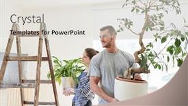  Presentation with green moving - Slide set enhanced with couple-setting-up-or-moving background and a light gray colored foreground