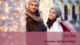  Presentation with young happy couple - Cool new PPT layouts with couple shopping at christmas fair backdrop and a coral colored foreground