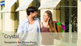  Presentation with shopping - Presentation design with couple shopping in inner city background and a soft green colored foreground