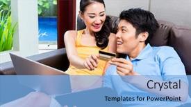  Presentation with online shopping and delivery - Amazing PPT layouts having couple shopping online in internet backdrop and a light blue colored foreground