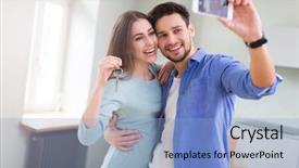  Presentation with new home - Presentation with couple showing keys to new background and a light blue colored foreground