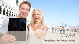  Presentation with my panorama on computer screen - Colorful presentation enhanced with personalized map - tablet computer couple showing screen backdrop and a white colored foreground