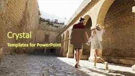  Presentation with old couple walking - PPT theme with couple sightseeing old buildings back background and a tawny brown colored foreground