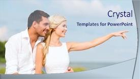  Presentation with dating - Audience pleasing PPT theme consisting of couple sitting at sea side backdrop and a sky blue colored foreground