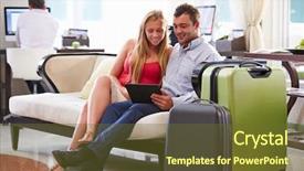  Presentation with tourism hotel lobby - Amazing slide deck having couple sitting in hotel lobby backdrop and a tawny brown colored foreground