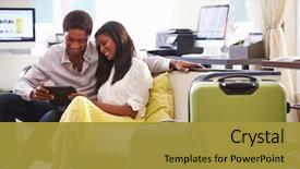  Presentation with tourism hotel lobby - PPT theme having couple sitting in hotel lobby background and a gold colored foreground