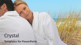  Presentation with sand dunes - Presentation theme having couple sitting in the sand dunes in white toweling robes background and a light gray colored foreground