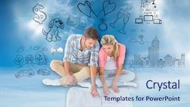  Presentation with law blue sky scales of justice - Colorful PPT theme enhanced with couple sitting looking at blueprint backdrop and a sky blue colored foreground