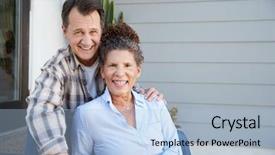  Presentation with senior couple - PPT theme enhanced with couple sitting outside grey clapboard background and a light blue colored foreground