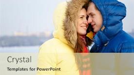  Presentation with forest winter - Beautiful slide set featuring couple smiling huggingin winter in a forest backdrop and a blonde colored foreground