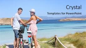  Presentation with bicycles - Slide set enhanced with couple standing by gorgeous beach with bicycles background and a light blue colored foreground