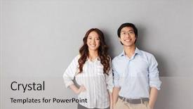  Presentation with cheerful - Cool new slide deck with couple standing isolated over gray backdrop and a light gray colored foreground