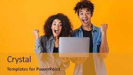  Presentation with cheerful - Audience pleasing presentation theme consisting of couple standing isolated over orange backdrop and a gold colored foreground